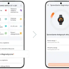 Sprawdzanie diagnostyczne w aplikacji Huawei Zdrowie. Widoczna najnowszą wersja HarmonyOS 5.0.0.135.