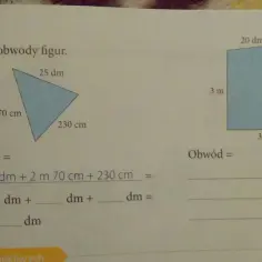 Zadanie 8 z matematyki dla klasy 3: obliczanie obwodów figur. Na obrazku trójkąt i trapez z podanymi bokami.