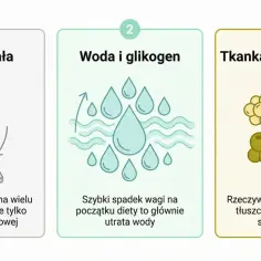 Grafika pokazuje, że początkowy spadek wagi to głównie woda, a rzeczywista utrata tkanki tłuszczowej, czyli to, ile można schudnąć w miesiąc, zachodzi stopniowo.
