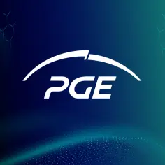 Logo PGE z hasłem "górnictwo i energetyka konwencjonalna" na tle gradientu od granatu do zieleni, z elementami graficznymi przypominającymi siatkę molekularną.