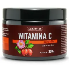 Słoik suplementu diety "Witamina C dzika róża" w proszku 300g. Na etykiecie grafika przedstawiająca krzew leśny o owocach bogatych w witaminę C.