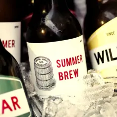 Butelki piwa rzemieślniczego w lodzie. Etykiety "Summer Brew" i "Wild Bear" pomogą Ci zrozumieć, jak czytać etykiety piwa rzemieślniczego, co to jest IBU i BLG.