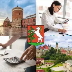 Kolaż: Zamek Lubelski, kobieta z kalkulatorem, herb Lublina, panorama miasta.