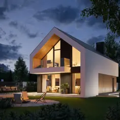 Nowoczesny bungalow z dużymi oknami i tarasem, otoczony ogrodem z miejscem na ognisko.