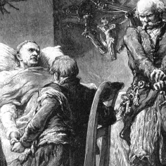 Horeszko z Pana Tadeusza, schorowany, leży w łóżku, trzymając dłoń młodzieńca. Obok stoi zamyślony rycerz z szablą.