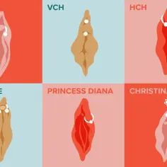 Ilustracje różnych typów piercingu intymnego damskiego: Glans, VCH, HCH, Triangle, Princess Diana, Christina.