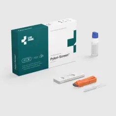 Pudełko i akcesoria do testu Pylori-Screen, który może być pomocny w diagnostyce wrzodów żołądka i wykrywaniu Helicobacter pylori.