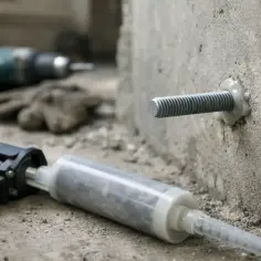 Kotwa chemiczna w betonie, obok pistoletu do jej aplikacji. Czekamy aż kotwa chemiczna schnie.