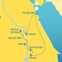 Mapa Egiptu z trasą turystyczną: Hurghada, Dolina Królów, Luksor, rejs po Nilu, Edfu, Kom Ombo, Asuan. Na wschodzie widać Morze Czerwone i Arabię Saudyjską, z którą Egipt graniczy.