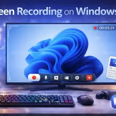 Nagrywanie ekranu Windows 11: monitor z niebieskim wzorem, mikrofon, klawiatura, mysz i kontroler do gier. Ikony sugerują funkcje nagrywania.