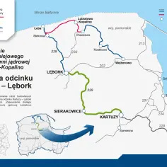 Mapa kolejowa Pomorza: linia Lębork-Łeba ma ok. 15 km. Pokazuje prace na odcinku Kartuzy-Lębork.