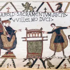 Harold przysięga Wilhelmowi, przyszłemu suwerenowi, na relikwie. Scena z tapiserii z Bayeux.