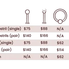 Cennik kolczyków: nostril od $75, septum od $62. Ile kosztuje kolczyk industrial? Sprawdź tabelę.