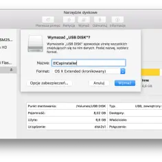 Narzędzie dyskowe na MacBooku pozwala przygotować pendrive do bezpiecznego przechowywania danych. Wybierz format i nazwę, aby zaszyfrować dane na pendrive.