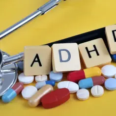 Stetoskop i tabletki symbolizujące leki na ADHD. Litery A, D, H, D ułożone na żółtym tle.