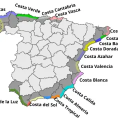 Mapa Hiszpanii z zaznaczonymi wybrzeżami. Szukasz inspiracji, gdzie do Hiszpanii nad morze? Zobacz wybrzeża: Costa Brava, Costa Dorada, Costa Blanca i inne.