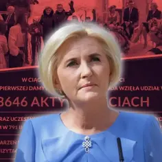 Pierwsza dama w niebieskiej sukience, z tyłu tłum ludzi. Podkreślono jej zaangażowanie w 3646 aktywności.
