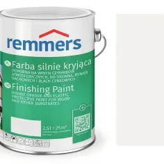 Jaka farba do drewna na zewnątrz? Puszka farby Remmers Finishing Paint w kolorze białym, odporna na czynniki atmosferyczne, idealna do drewna i dachów.