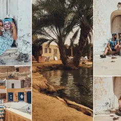 Kobieta czyta magazyn, para siedzi przy drzwiach, a krajobraz z palmami i wodą. Czy Djerba jest bezpieczna dla kobiet? Tak, to urokliwe miejsce.