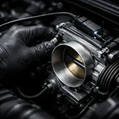 Mechanik w czarnej rękawiczce dokonuje adaptacji przepustnicy w silniku samochodowym.
