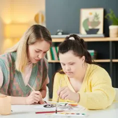 Dwie kobiety malują, jedna z zespołem Downa. Wspólne zajęcia artystyczne to element oligofrenopedagogiki, rozwijający kreatywność i umiejętności.