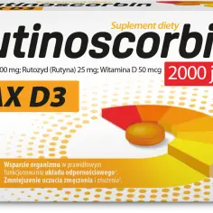 Opakowanie Rutinoscorbin MAX D3 z witaminą C i D. 60 tabletek. Wsparcie odporności, zmniejsza zmęczenie.
