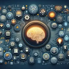 Centralny element to świecący, cyfrowy mózg, symbolizujący generatywną sztuczną inteligencję, otoczony siecią ikon technologii i danych.