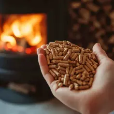 Dłoń trzymająca pellet na tle palącego się kominka.