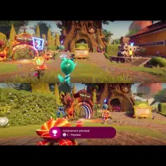 Dwa ekrany gry Plants vs. Zombies: Garden Warfare 2, pokazujące rozgrywkę multiplayer. Jeden gracz zdobył osiągnięcie "Playdate".