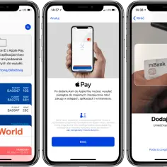 Ekran iPhone'a pokazuje, jak usunąć kartę z Apple Pay. Widzimy aplikację Wallet, dodawanie karty i skanowanie karty mBank.