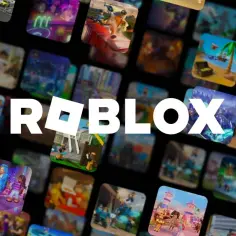 Logo Roblox otoczone miniaturkami gier, od wyścigów po przygodowe, prezentujące najlepsze gry na Roblox.