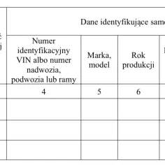 Tabela zawiera dane identyfikujące samochód, w tym wysokość zapłaconej akcyzy za auto, numer VIN, markę, rok produkcji, pojemność silnika i stan techniczny.