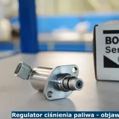 Metalowy regulator ciśnienia paliwa Bosch obok pudełka. Dowiedz się, jak sprawdzić regulator ciśnienia paliwa i jego objawy usterki.
