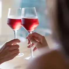 Dwie osoby wznoszą toast różowym winem. To wyjaśnia, dlaczego wino różowe nie powstaje z mieszania białego z czerwonym.