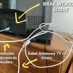 Kabel antenowy TV ze ściany podłączony do dekodera, który jest połączony z telewizorem. Brak wejścia SCART w TV.