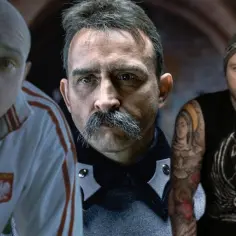Borys Szyc w różnych rolach filmowych: łysy w dresie z orłem, z wąsem w mundurze i w czapce z tatuażem.