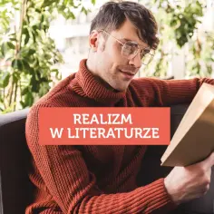 Mężczyzna w okularach czyta książkę o realizmie w literaturze.
