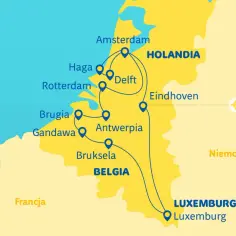 Mapa pokazuje trasę przez Holandię, Belgię i Luksemburg. Które z państw Beneluksu nie ma dostępu do morza? Luksemburg.