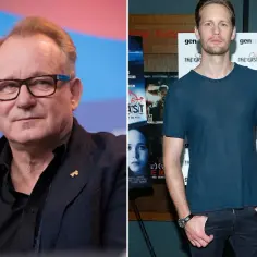 Stellan Skarsgård i jego syn Alexander na dwóch zdjęciach. Stellan w okularach, Alexander w niebieskiej koszulce.