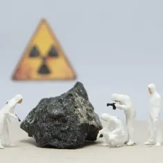 Miniaturowi naukowcy w białych kombinezonach badają skałę. Czy uran jest radioaktywny? Znak ostrzegawczy promieniowania w tle sugeruje, że tak.