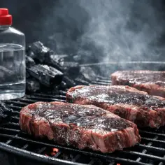 Soczyste steki na grillu, obok butelka z płynem do rozpalania grilla. Dym unosi się, zapowiadając pyszną ucztę.