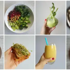 Zdrowe posiłki i napoje, które pomogą Ci jak mieć płaski brzuch: woda z cytryną, sałatka, smoothie, kanapki.