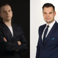 Dwaj mężczyźni w garniturach, jeden na ciemnym tle, drugi na jasnym.
