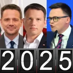 Kolaż zdjęć kandydatów na prezydenta Warszawy z datą 2025.