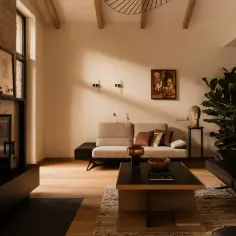 Nowoczesny salon z kamiennym kominkiem i wygodnymi sofami. Inspiracja, jak pomalować salon, by stworzyć przytulną atmosferę.