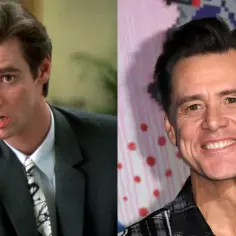 Jim Carrey w dwóch odsłonach: młodszy w garniturze i starszy, uśmiechnięty. Aktor znany z roli w "Maska" i innych komediach.