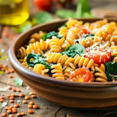 Makaron z soczewicą, pomidorami, szpinakiem i parmezanem