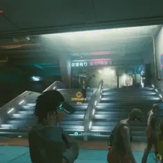 Ulica w stylu cyberpunk, neonowe światła, ludzie idą schodami. Cel: pal! Udaj się do strzelnicy Wilsona.