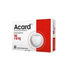 Opakowanie Acardu 75 mg, 60 tabletek. Przed zastosowaniem leku warto zapoznać się z ulotką dotyczącą skutków ubocznych.