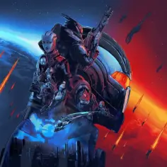 Postacie z Mass Effect 5 na tle planet i statków kosmicznych. Wojna wisi w powietrzu.